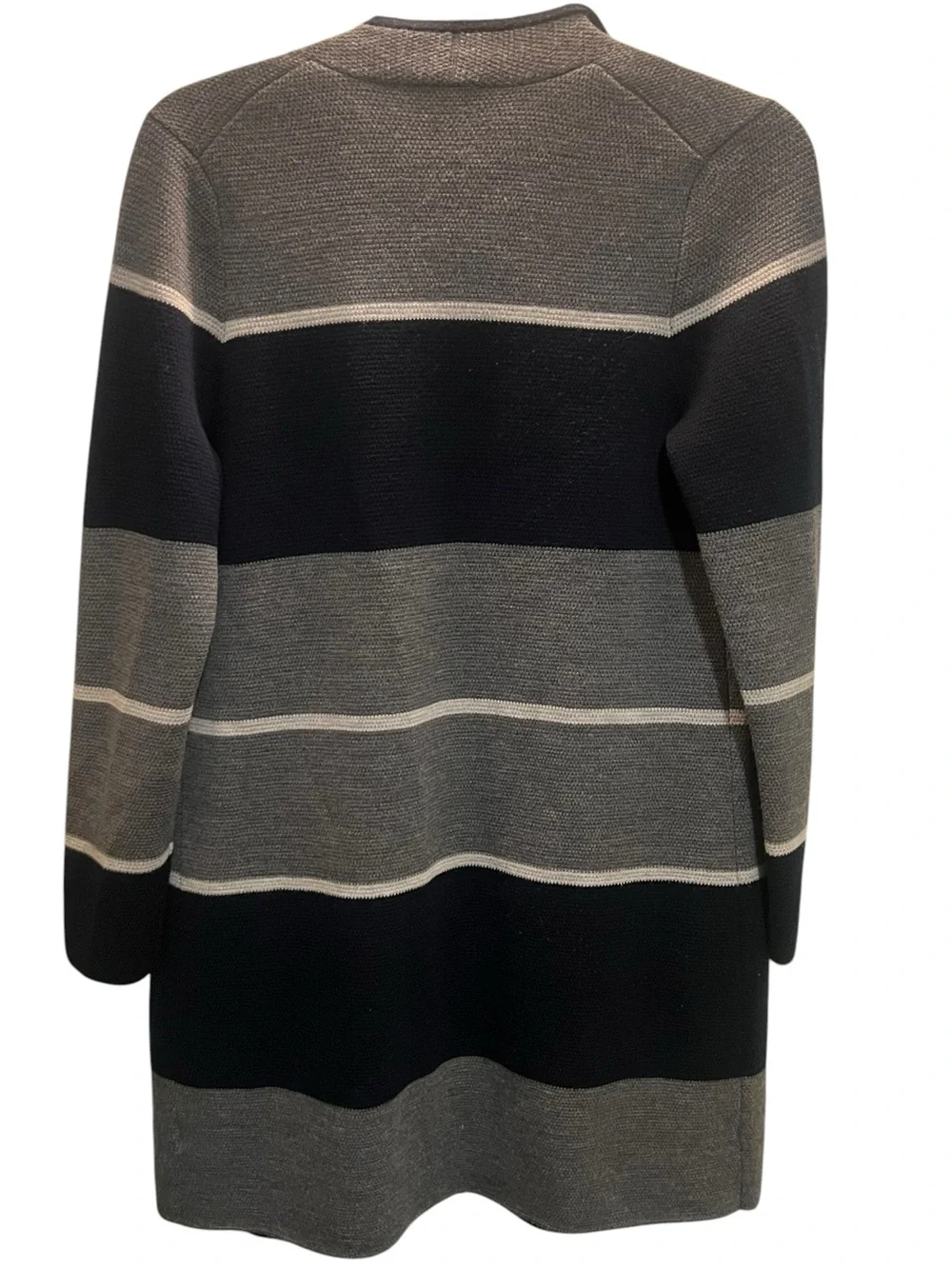 Talbots - Pure Merino Wool - Black and Gray Open-Front Striped Cardigan